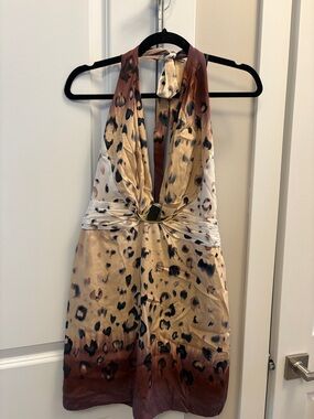 bebe One-Shoulder Leopard Ombre Halter Dress in Beige and Rust